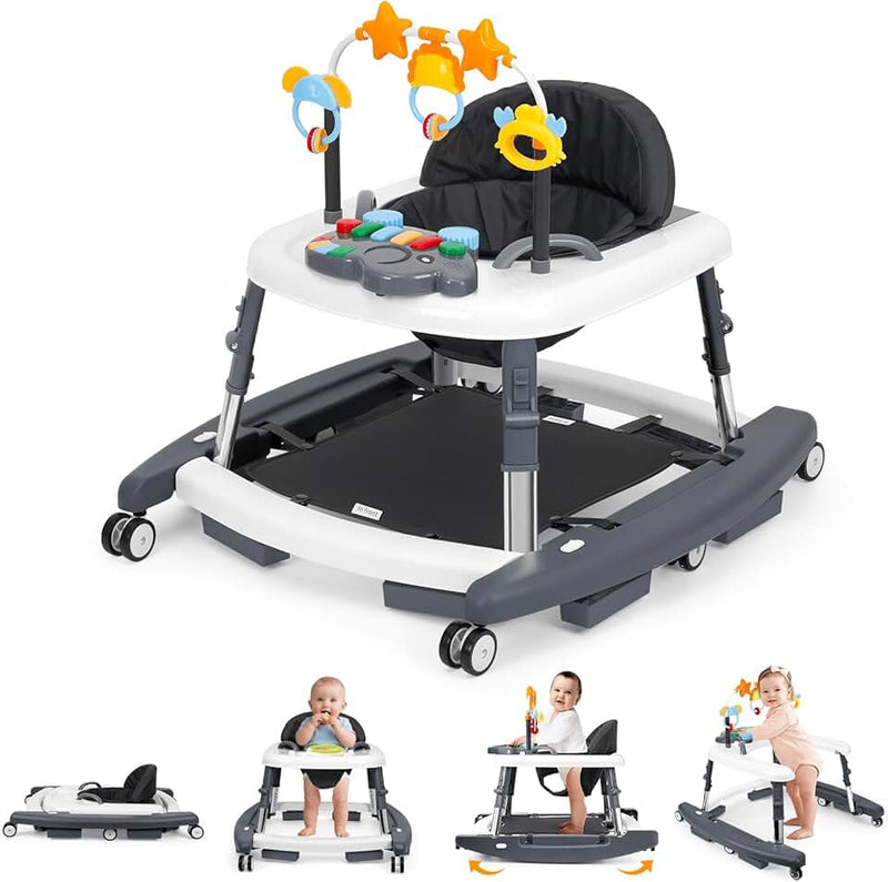 5 in 1 Baby Walker Foldable Music and Lights with 5 Adjustable Heights, Baby Walker with Wheels Portable, Infant Toddler