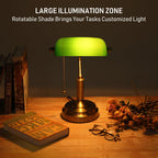 TORCHSTAR Green Glass Bankers Desk Lamp, Antique Desk Lamps with Brass Base, Traditional Library Lamp with Pull Chain, E26 Base, Vintage Desk Lamp for Office, Study Room