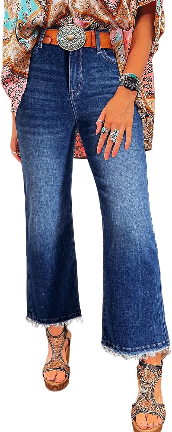 Astylish Womens High Waisted Jeans Stretchy Flared Straight Leg Loose Trendy Raw Hem Denim Pants