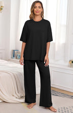 PrinStory Womens Pajamas Sets 2 Piece Lounge Set Short Sleeve Tops and Long Pants Soft Pjs Loungewear with Pockets