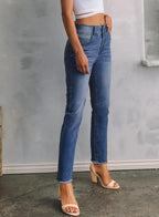 Sidefeel Women's High Waisted Jeans Strechy Fashion Raw Hem Straight Leg Ankle Denim Pants with Pockets