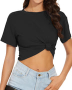 Womens Summer Crop Tops Short Sleeve Round Neck T-Shirts Loose Fit Casual Blouse 2026
