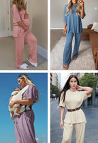 Womens Lounge Set 2026 Summer 2 Piece Outfits Oversized Short Sleeve Tops & Wide Leg Pant Matching Sets Clothing
