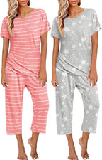 Ekouaer 2 Pack Womens Pajamas Sets Short Sleeve Tops and Capri Pants Pjs Colorful Printed Sleepwear Sets