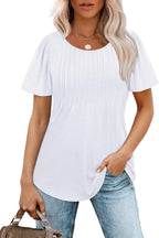 OFEEFAN Womens T Shirts Short Sleeve Pleated Dressy Casual Scooped Neck Summer Tops Blouses