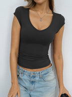 Eachyes Womens Deep V Neck Cap Sleeve Shirts Sexy Slim Fit Crop Tops Cute Basic Tees Y2k Going Out Summer Clothes 2026