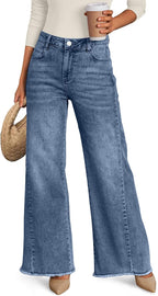 Trendy Queen Women's Wide Leg Jeans, Relaxed Loose Straight Leg with Raw Hem, Comfort Denim Pants