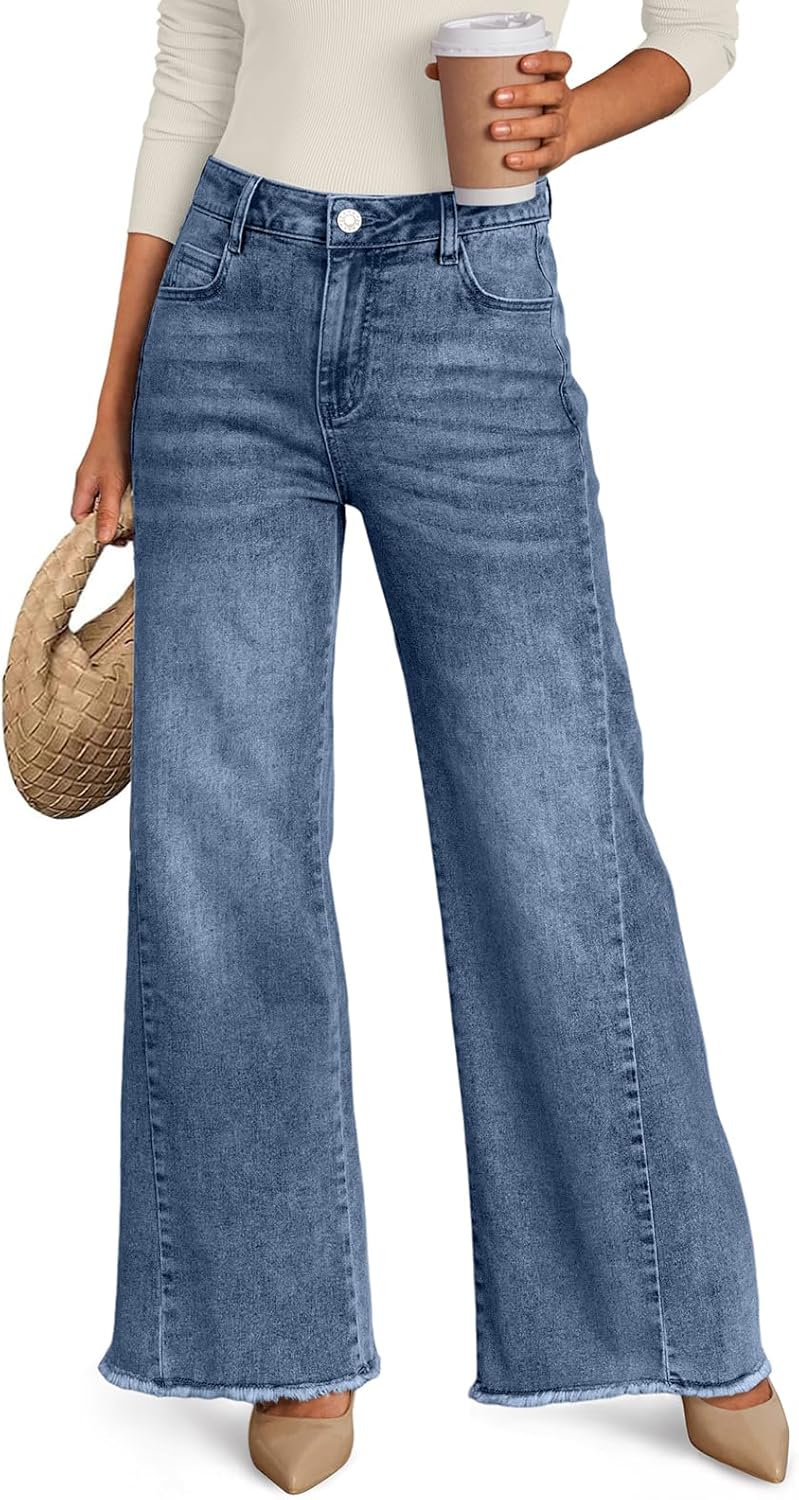 Trendy Queen Women's Wide Leg Jeans, Relaxed Loose Straight Leg with Raw Hem, Comfort Denim Pants