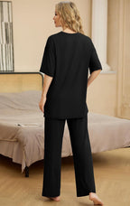 PrinStory Womens Pajamas Sets 2 Piece Lounge Set Short Sleeve Tops and Long Pants Soft Pjs Loungewear with Pockets