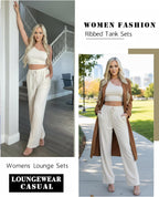 Ekouaer Womens 4 Piece Lounge Sets Ribbed Knit Crop Tank Top and Shorts Pants Casual Outfits