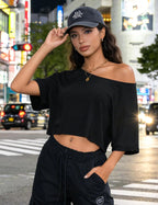 Kistore Off The Shoulder Tops for Women Going Out Short Sleeve Crop Top Boat Neck Loose T Shirt