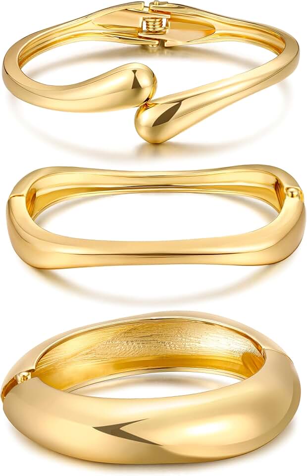 iF YOU Chunky Gold Bangle Bracelets for Women, Dainty 14k Gold Plated Big Stackable Bangles Set, Tre