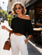 Kistore Off The Shoulder Tops for Women Going Out Short Sleeve Crop Top Boat Neck Loose T Shirt