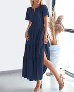BTFBM Womens Summer 2026 Casual Midi Maxi Dresses Lightweight Short Sleeve V Neck Elastic Waist Boho Beach Dress Pockets