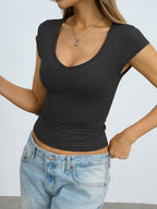 Eachyes Womens Deep V Neck Cap Sleeve Shirts Sexy Slim Fit Crop Tops Cute Basic Tees Y2k Going Out Summer Clothes 2026