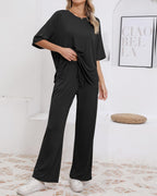 Womens Lounge Set 2026 Summer 2 Piece Outfits Oversized Short Sleeve Tops & Wide Leg Pant Matching Sets Clothing