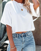 Tankaneo Women Half Sleeve Cropped T-Shirts Drop Shoulder Round Neck Crop Tops Casual Summer Solid Color Basic Tees