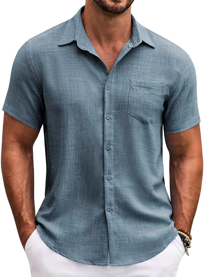 COOFANDY Mens Button Down Short Sleeve Shirt Casual Shirts Summer Beach Textured Shirts with Pocket Global Recycled Stan