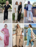 Ekouaer Lounge Set for Women Travel Outfits 2 Piece Sets Short Sleeve Sweater Top Wide Leg Long Pants Loungewear