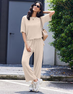 Ekouaer Lounge Sets for Women Short Sleeve Tops and Long Pants Soft Comfy Pajamas Set 2 Piece Outfits