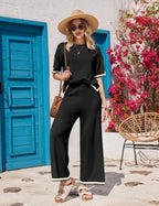 Ekouaer Lounge Set for Women Travel Outfits 2 Piece Sets Short Sleeve Sweater Top Wide Leg Long Pants Loungewear