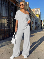 Trendy Queen Womens 2 Piece Lounge Sets Airport Travel Casual Outfits Off Shoulder Oversized Tshirts and Wide Leg Pants 2026