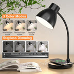 Desk Lamps for Home Office - LED Desk Lamp with Wireless Charger, 3 Color Modes Dimmable Eye-Caring Study Reading Desk Light, Small Flexible Arm Table Lamp for College Dorm Room Bedside, Black