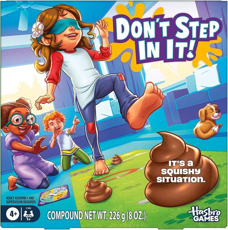 Hasbro Gaming Don't Step in It Preschool Game I Blindfolded, Poop Party Game | Spinner with 8 Fun Animal Moves | Ages 4+