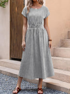 ANRABESS Womens Summer Midi Dress Striped Casual Short Sleeve Crewneck Empire Waist 2026 Flowy Long Beach Dress with Pockets