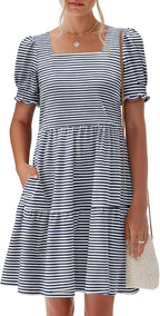 ANRABESS Women Summer Square Neck Puff Short Sleeve Mini Dress 2026 Casual Flowy Sundress Beach Vacation Clothes with Pockets