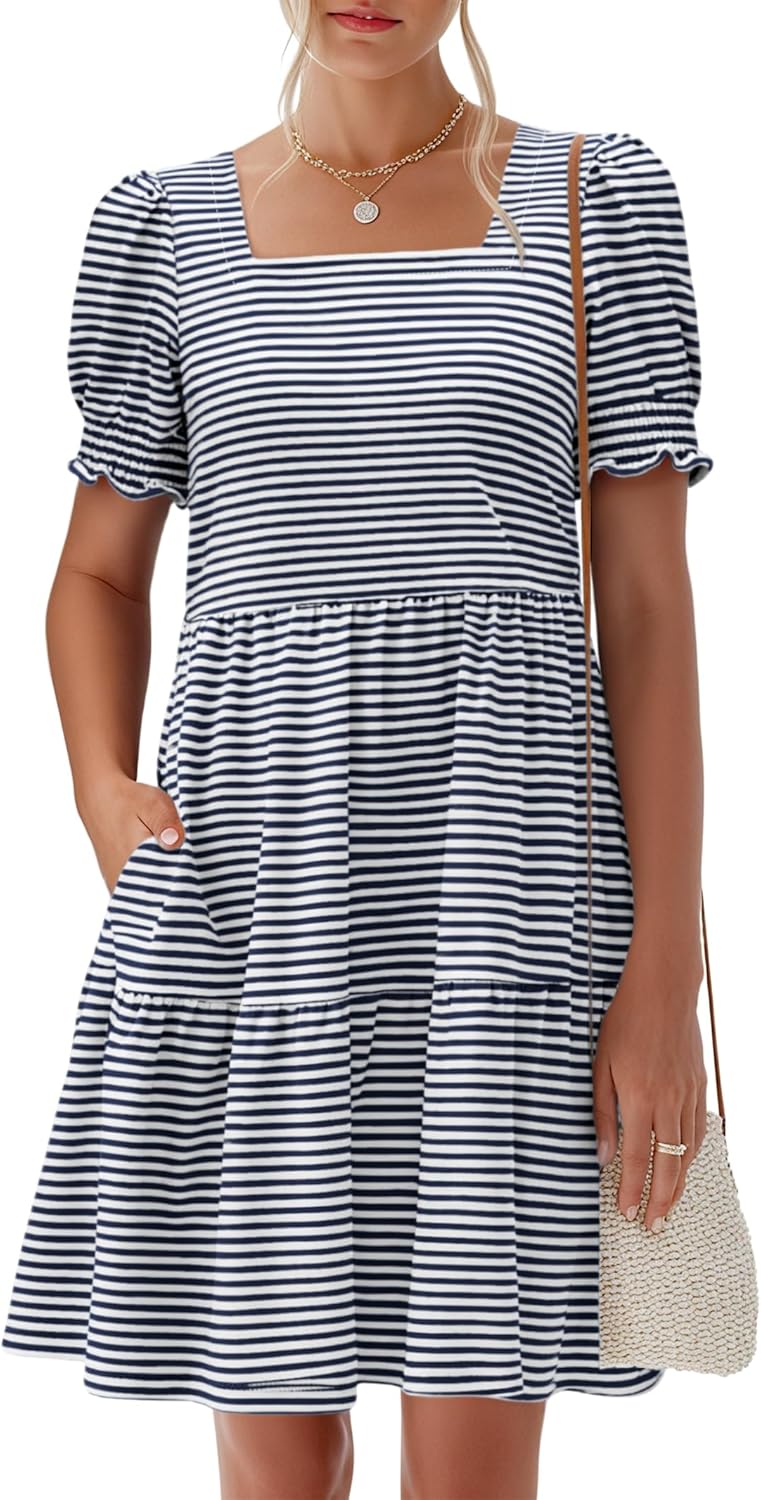 ANRABESS Women Summer Square Neck Puff Short Sleeve Mini Dress 2026 Casual Flowy Sundress Beach Vacation Clothes with Pockets