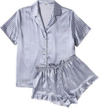 Ekouaer Womens Satin Pajamas Set Button Down 2 Piece Silk Pjs Shorts Set Ruffle Lingerie Notch Collar Sleepwear