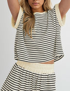 MISSACTIVER 2 Piece Lounge Set Women Stripe Knit Short Sleeve Tee Shirts Shorts Casual Summer Loungewear Shorts Sets