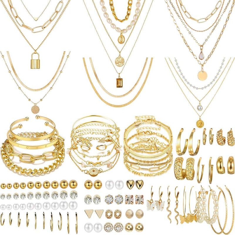 NEWITIN 69 Pieces Gold Jewelry Set for Women Fashion Costume Jewelry Gold Plated Necklace Bracelet E
