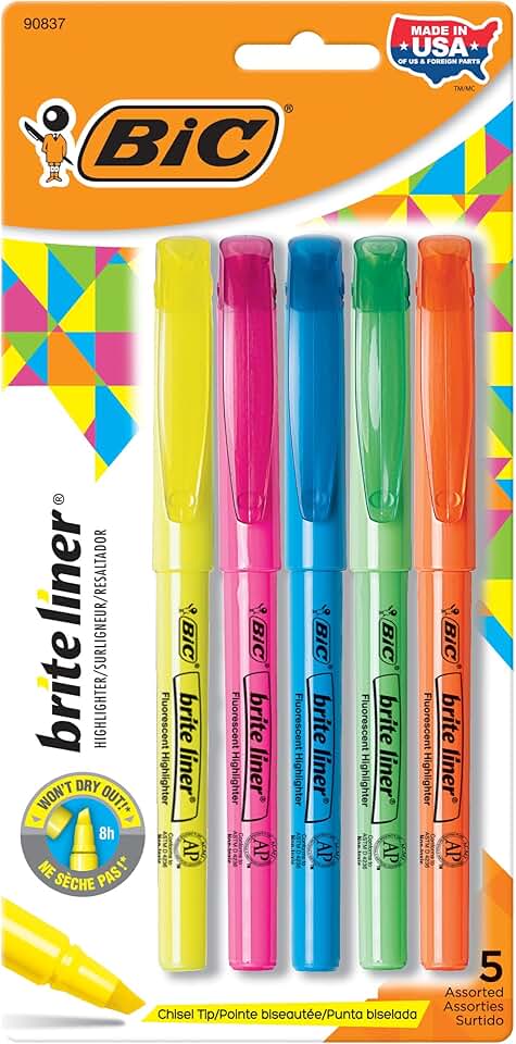 BIC Brite Liner Highlighters, Chisel Tip, 5-Count Pack of Highlighters Assorted Colors, Ideal Highlighter Set for Organi
