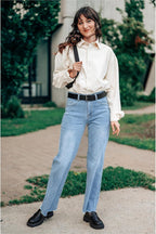 GRAPENT Straight Leg Jeans for Women High Waisted Stretchy Frayed Raw Hem Loose Denim Pants Casual Baggy Jean Trousers