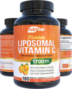 NutriFlair Liposomal Vitamin C 1700mg, 180 Capsules - High Absorption, Fat Soluble VIT C, Higher Bioavailability Immune System Support & Collagen Booster, Non-GMO, Vegan Pills