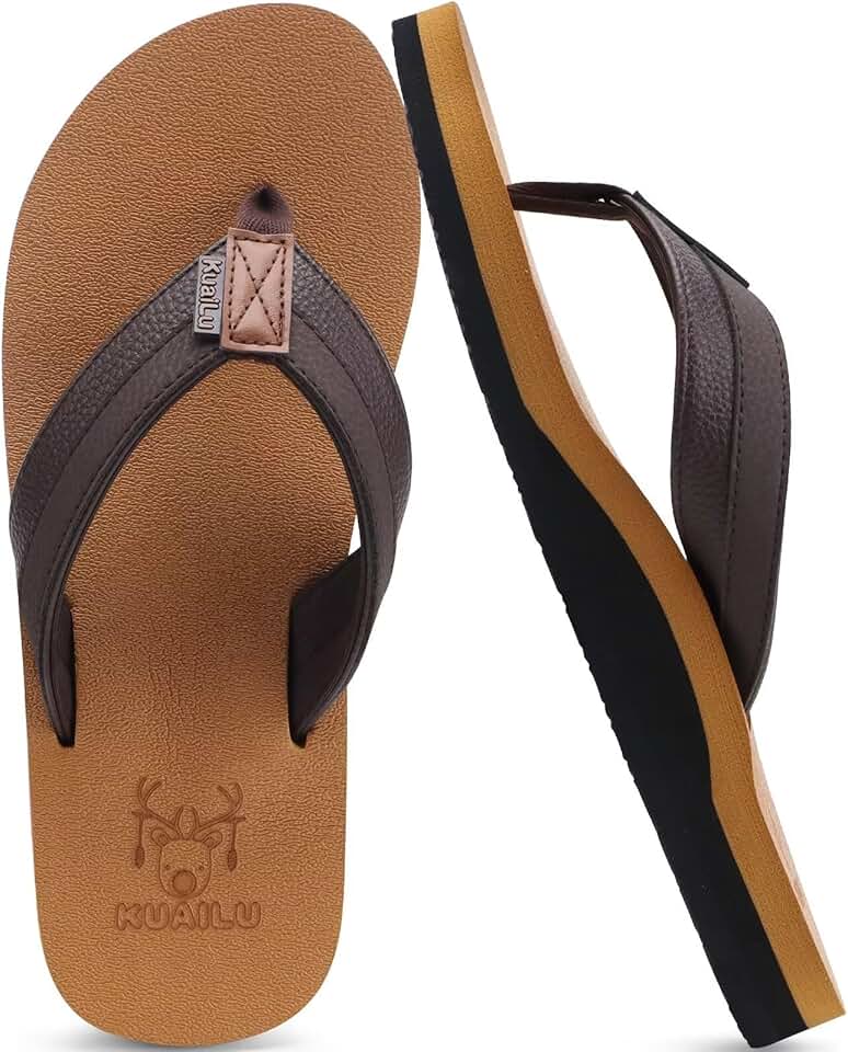 KuaiLu Men's Yoga Mat Leather Flip Flops with Arch Support Comfortable Cushion Walking Thong Sandals Slip On Indoor Outd