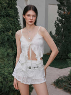 CIDER Going Out Tops for Women Y2K Tie Front Asymmetrical Ruffle Hem Lace Spaghetti Strap Cowgirl Crop Tops