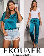 Ekouaer Womens Satin Silky Pajama Set Short Sleeve Shirt with Long Pajama Pant Set Soft PJ Loungewear