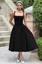 Memoriesea Women's Elegant Square Neck Swing A Line Wedding Evening Party Midi Dress
