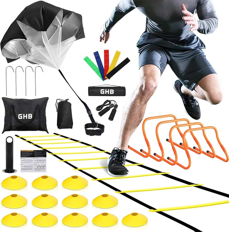 GHB Agility Ladder,Football Training Equipment Set,4 Agility Hurdles, 20 feet12 Rungs Speed Ladder,12 Disc Cones,Resista