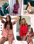 Ekouaer Silky Satin Womens Pajamas Sets Short Sleeve Button Down Sleepwear Top Lounge Sets Pjs Shorts Outfits Summer