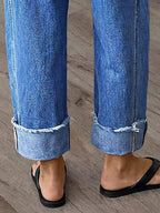 Flamingals Mid Rise Straight Leg Jeans for Women Wash Seam Front Roll Raw Hem Denim Pants Without Belt