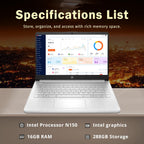 HP Stream 14" HD BrightView Laptop, Intel Celeron N150, 16GB RAM, 288GB Storage (128GB UFS + 160GB Docking Station Set), Intel UHD Graphics, 720p Webcam, Wi-Fi, 1 Year Office 365, Win 11 S, Silver