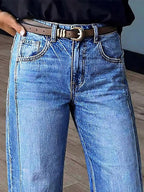 Flamingals Mid Rise Straight Leg Jeans for Women Wash Seam Front Roll Raw Hem Denim Pants Without Belt