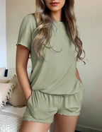 Ekouaer Womens Pajamas 2 Piece Ribbed Knit Pjs Short Sleeve Sleepwear Set Summer Soft Pajamas Set Casual Lounge Sets