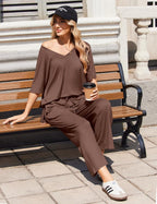 Ekouaer Lounge Sets for Women Pajamas Set Short Sleeve Tops and Long Pants Soft 2 Piece Outfits with Pockets S-XXL