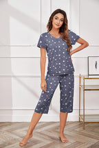 Ekouaer Women's Sleepwear Capri Pajama Sets Short Sleeve Two-Piece Pjs V Neck Tops & Capri Pants with Pockets S-3XL
