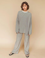 MISSACTIVER Women's 2 Piece Striped Lounge Set Long Sleeve Oversized T-Shirt Wide Leg Pants Matching Pajamas Set